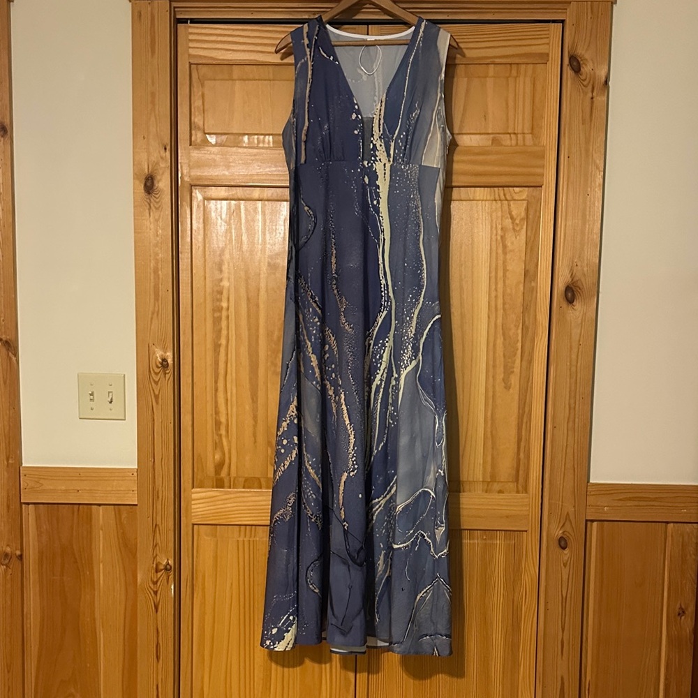 Blue Marble-Print Sleeveless Maxi Dress